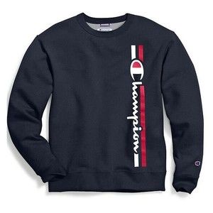 Champion Fleece Crew Vertical Logo Sweatshirt Black Men Small